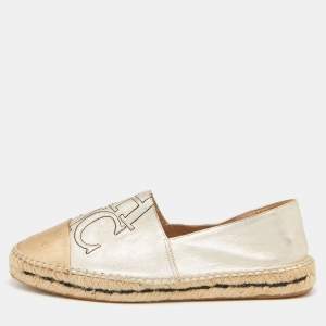 Pre Owned CH Carolina Herrera Silver/Gold Leather CH Logo Espadrille Flats Size 39