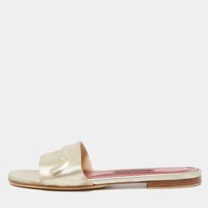 Pre Owned CH Carolina Herrera Gold Leather Logo Flat Slides Size 38