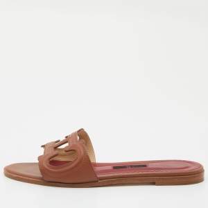 CH Carolina Herrera Brown Leather Insignia Cut Out Flat Slides Size 40