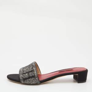 Pre Owned CH Carolina Herrera Silver/Black Satin Crystals Embellished Slide Sandals Size 39