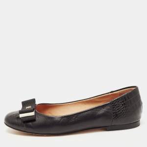 Pre Owned CH Carolina Herrera Black Croc Embossed and Leather Bow Ballet Flats Size 37