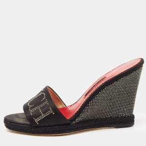 Pre Owned CH Carolina Herrera Black Satin Studded Wedge Sandals Size 38