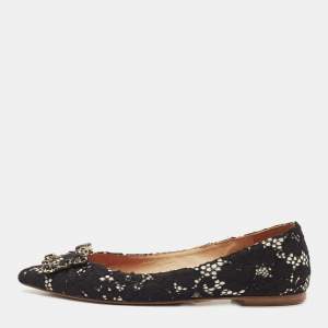 Pre Owned CH Carolina Herrera Black Lace Crystal Embellished Buckle Ballet Flats Size 37