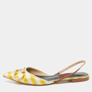 Pre Owned CH Carolina Herrera Yellow/White Satin and Leather Slingback Flat Sandals Size 37