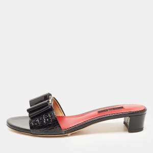 Pre Owned CH Carolina Herrera Black Patent Leather Bow Slide Sandals Size 38