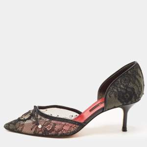 Pre Owned CH Carolina Herrera Black Lace Pear Bow D'orsay Pointed Toe Pumps Size 37