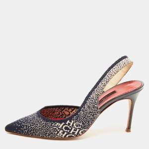 Pre Owned CH Carolina Herrera Navy Blue/Pink Logo Canvas D'orsay Slingback Pumps Size 40