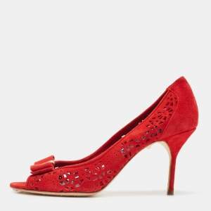 Pre Owned CH Carolina Herrera Red Suede Lasercut Bow Peep Toe Pumps Size 40