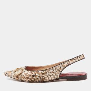 Pre Owned CH Carolina Herrera Brown/White Brocade Fabric Slingback Flat Sandals Size 37