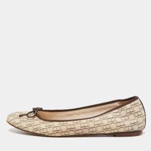 Pre Owned CH Carolina Herrera Cream/Brown Monogram Canvas Bow Ballet Flats Size 38