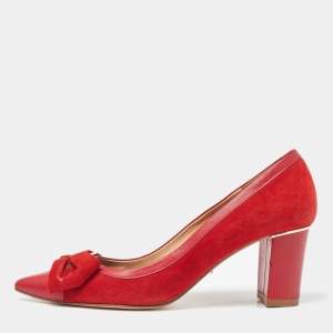 Pre Owned CH Carolina Herrera Red Leather and Suede Bow Pumps Size 37