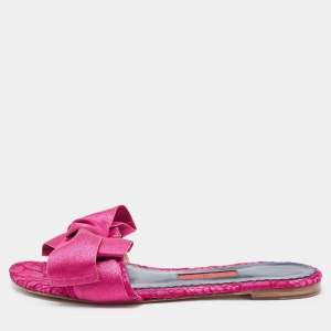 Pre Owned CH Carolina Herrera Purple Fabric Bow Flat Slides Size 37