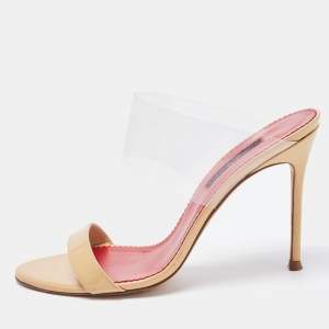 CH Carolina Herrera Beige Patent Leather and PVC Slide Sandals Size 38