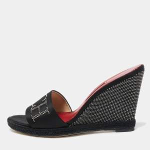 Pre Owned CH Carolina Herrera Black Satin Studded Wedge Sandals Size 40