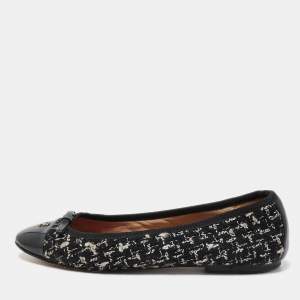 CH Carolina Herrera Black Tweed and Patent Leather Bow Ballet Flats Size 37