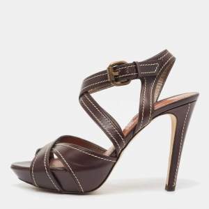 Pre Owned CH Carolina Herrera Brown Leather Strappy Sandals Size 37