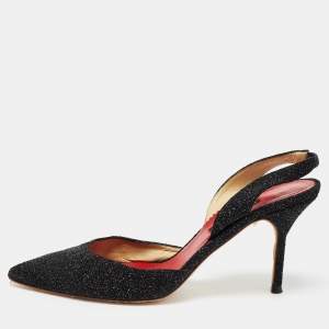Pre Owned CH Carolina Herrera Black Glitter Suede Slingback Pumps Size 39