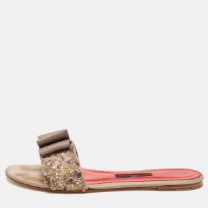 Pre Owned Carolina Herrera Beige/Red Fabric and Leather Bow Embellished Slide Flats Size 38