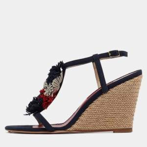 CH Carolina Herrera Navy Blue Suede Tassel Wedge Sandals Size 37