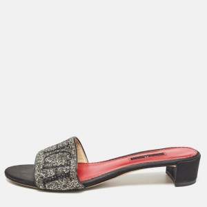 CH Carolina Herrera Black/Silver Glitter and Satin Slides Size 39  