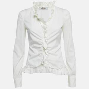 Pre Owned CH CH White Shirt Off-White Cotton Ruffled Top S