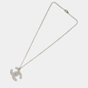 Chanel CC Crystals Silver Tone Pendant Necklace