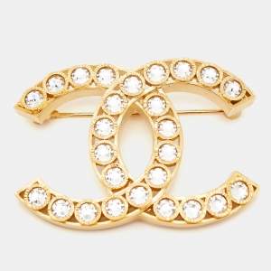 Pre Owned Chanel CC Crystal Gold Tone Brooch