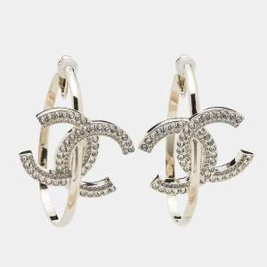 Chanel CC Logo Crystal Gold Tone Hoop Earrings