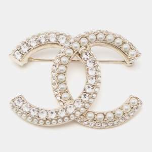 Pre Owned Chanel CC Faux Pearl Crystals Gold Tone Brooch