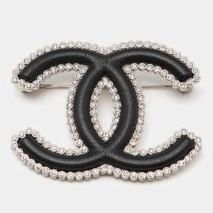 Pre Owned Chanel CC Black Composite Crystals Silver Tone Brooch