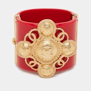 Chanel  CC Red Resin Gold Tone Cuff Bracelet
