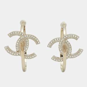 Chanel CC Gold Tone Hoop Earrings
