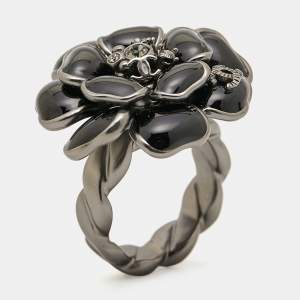 Chanel CC Camellia Enamel Crystals Gunmetal Tone Ring Size 54