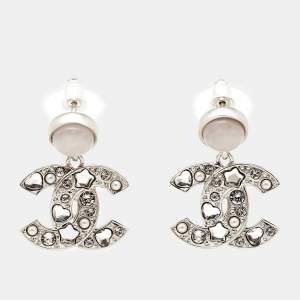 Chanel CC Crystals Faux Pearl Quartz Silver Tone Earrings