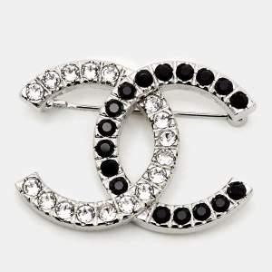 Chanel CC Crystals Silver Tone Brooch