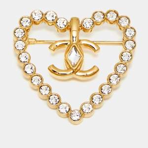 Pre Owned Chanel CC Heart Crystals Gold Tone Brooch