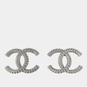 Pre Owned Chanel CC Silver crystal embellished large earring