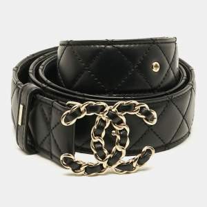 Pre Owned Chanel CC Chain 85 CM Buckle Belt Black Quilted Leather