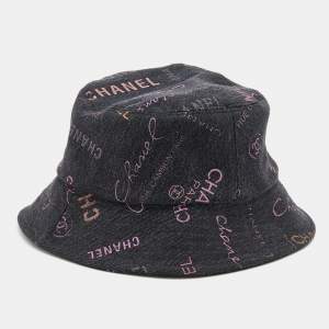 Chanel Black Denim Logo Print Cloche Bucket Hat M