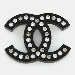 Chanel CC Black Resin Crystal Silver Tone Brooch