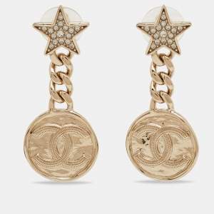 Chanel CC Strass Crystal Gold Tone Earrings