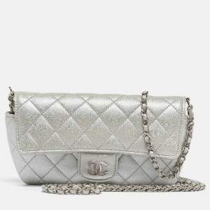 Chanel Silver Iridescent Caviar Quilted Leather Glassed Case with Chain 