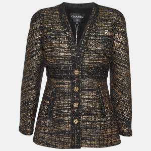 Chanel Black Metallic Tweed Button Front Jacket M