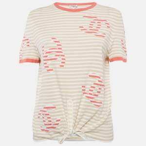 Chanel Beige/White Stripe Logo Jacquard Cotton Knit Tie-Up Top M