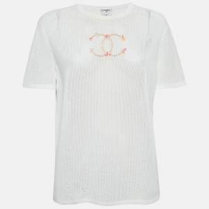 Chanel White CC Embroidered Mesh Sheer T-Shirt L