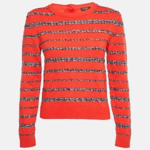 مملوكة مسبقًا Chanel Red Lurex Stripe Cashmere Knit Button Back Pullover M