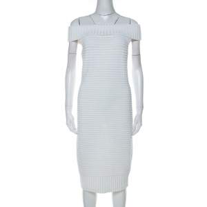 Chanel White Cotton Blend Rib Knit Off-Shoulder Fitted Dress L