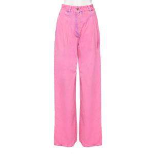 Pre Owned Chanel Neon Pink Denim High Waisted Wide Leg Jeans S