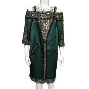 Chanel Green Silk Crystal Embellished and Lace Trims Dress M