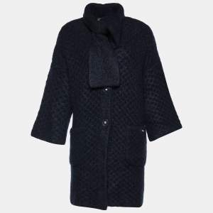 Chanel Navy Blue Cashmere & Silk Chunky Knit Scarf Detail Coat M